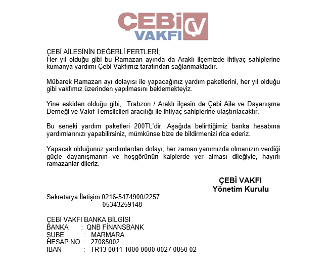 Çebi Vakfı Ramazan Ayı Kumanya Yardımı